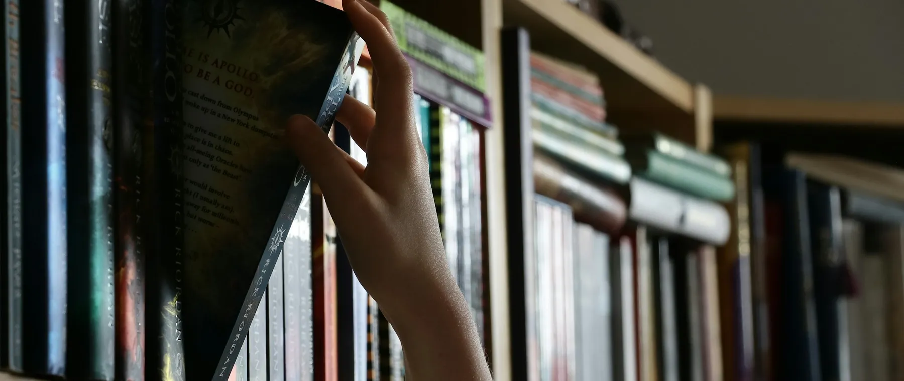 Kütüphane rafından kitap alan bir el